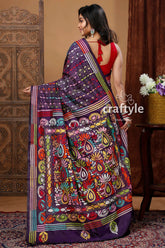 Handcrafted Silk Kantha Stitch Saree - Deep Violet Floral Design-Craftyle