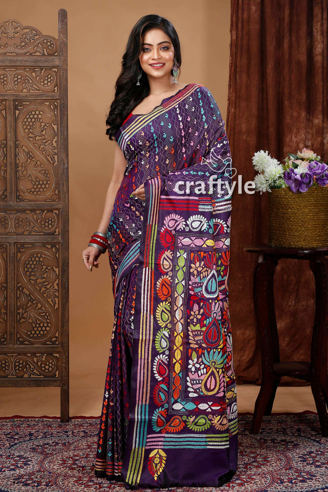 Handcrafted Silk Kantha Stitch Saree - Deep Violet Floral Design-Craftyle