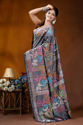 Handcrafted slate grey silk kantha saree with floral design gray silk saree vibrant floral 5