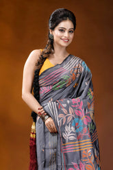Handcrafted slate grey silk kantha saree with floral design gray silk saree intricate floral 2