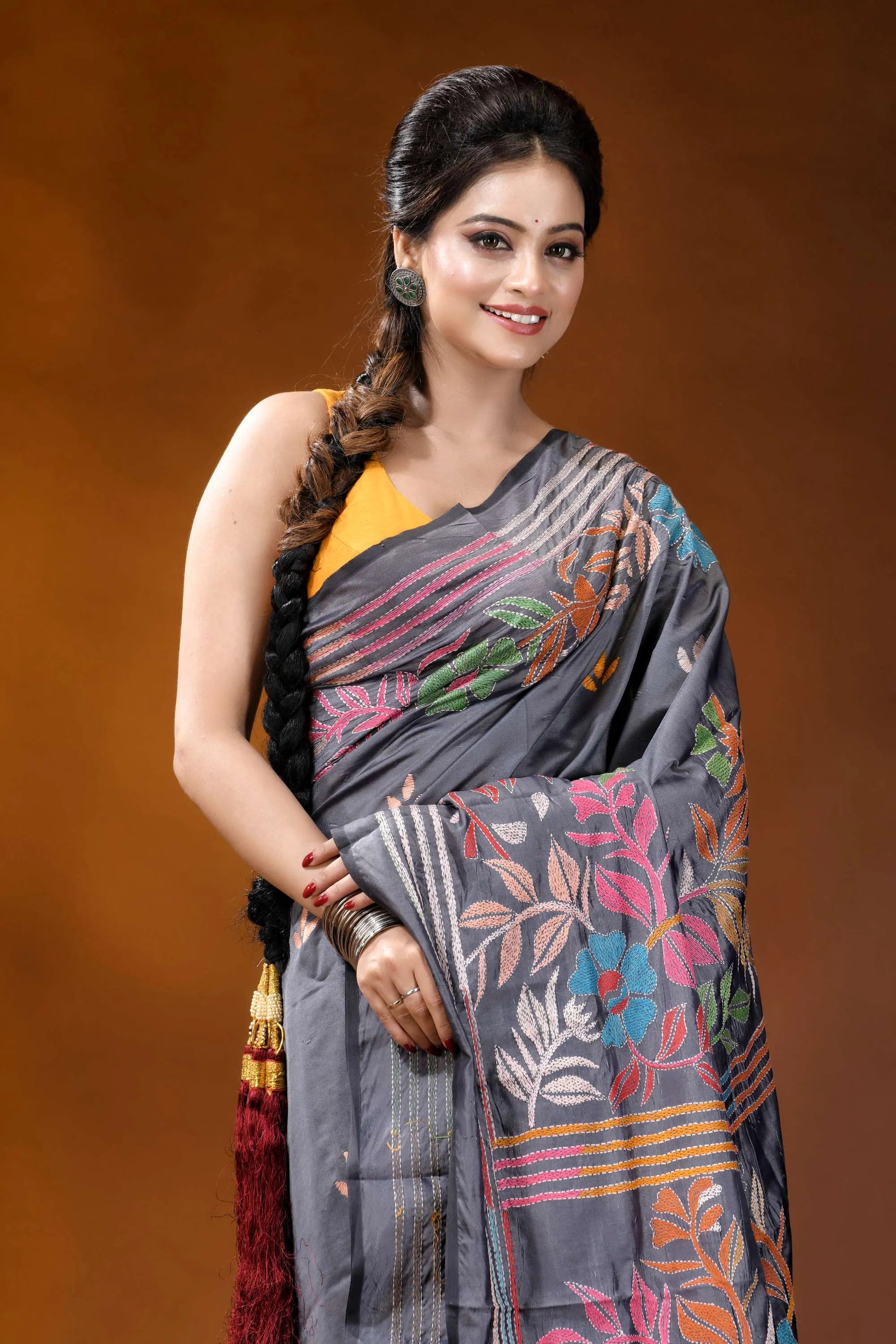 Handcrafted slate grey silk kantha saree with floral design gray silk saree intricate floral 2