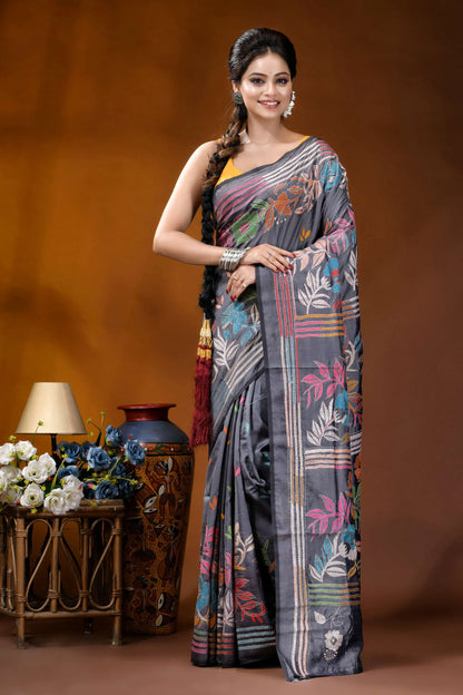 Handcrafted slate grey silk kantha saree with floral design woman wears dark gray saree 1