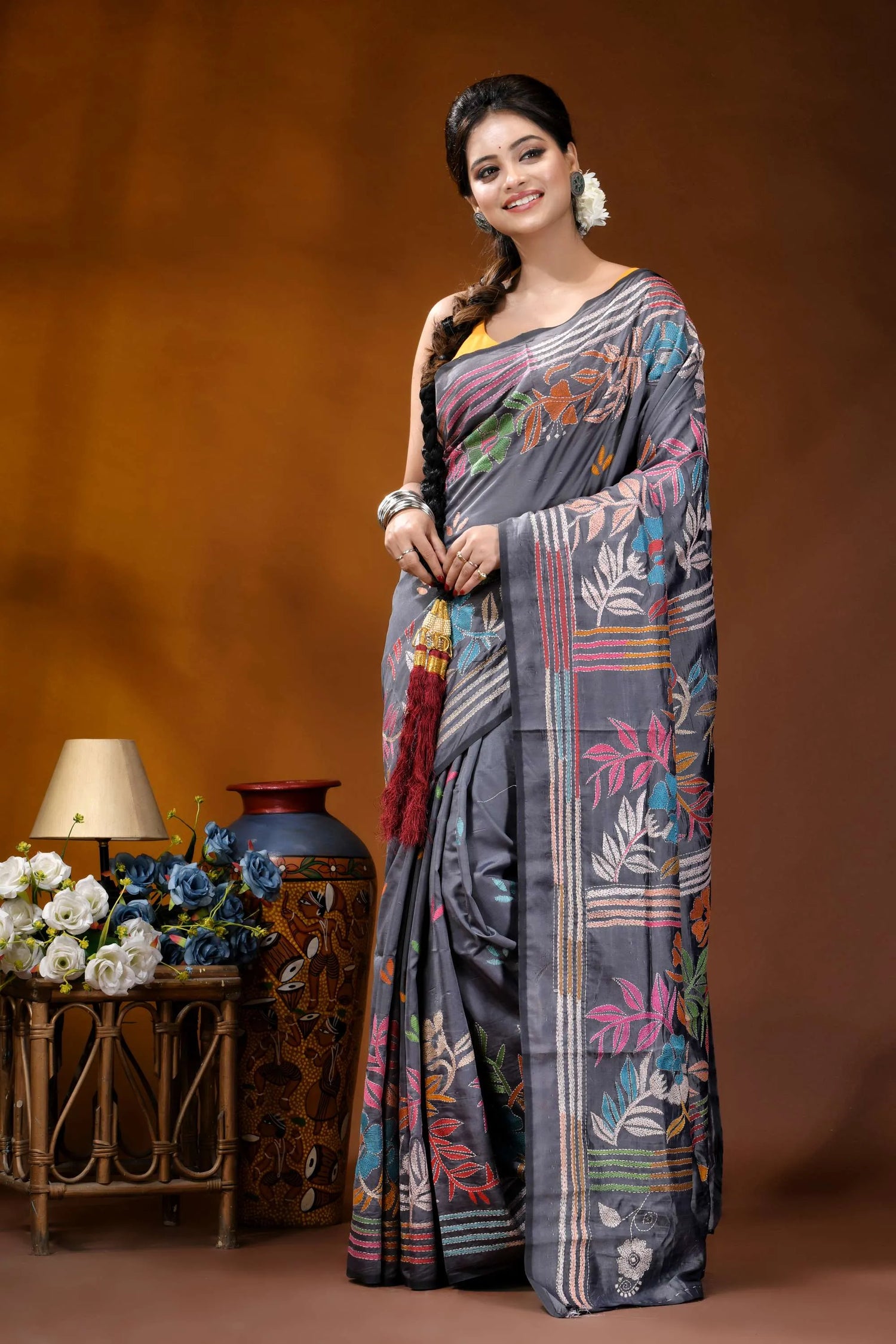 Handcrafted slate grey silk kantha saree with floral design gray silk saree vibrant floral 6