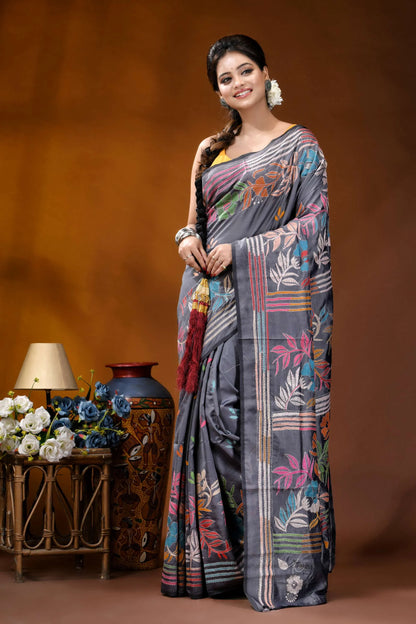 Handcrafted slate grey silk kantha saree with floral design gray silk saree vibrant floral 6