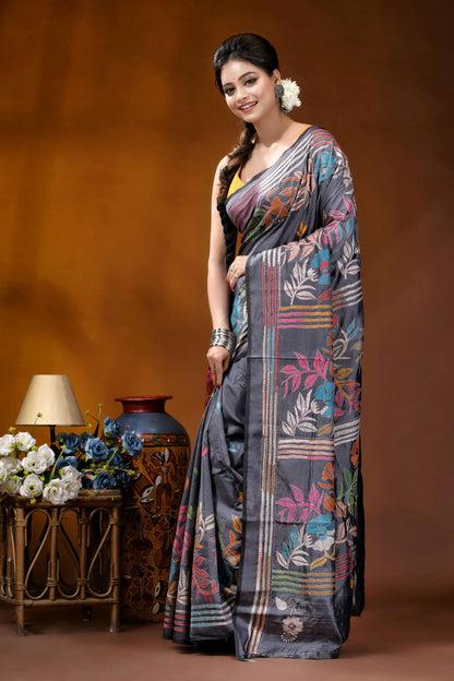 Handcrafted slate grey silk kantha saree with floral design woman wears dark gray saree 3