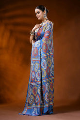 Handcrafted steel blue kutch embroidery silk saree with paisley motif 3