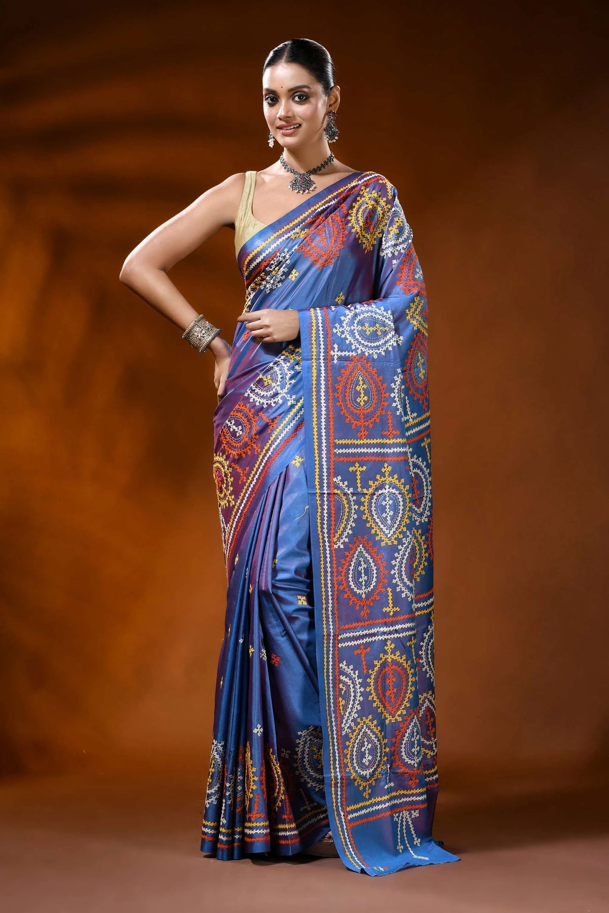 Handcrafted steel blue kutch embroidery silk saree with paisley motif 1