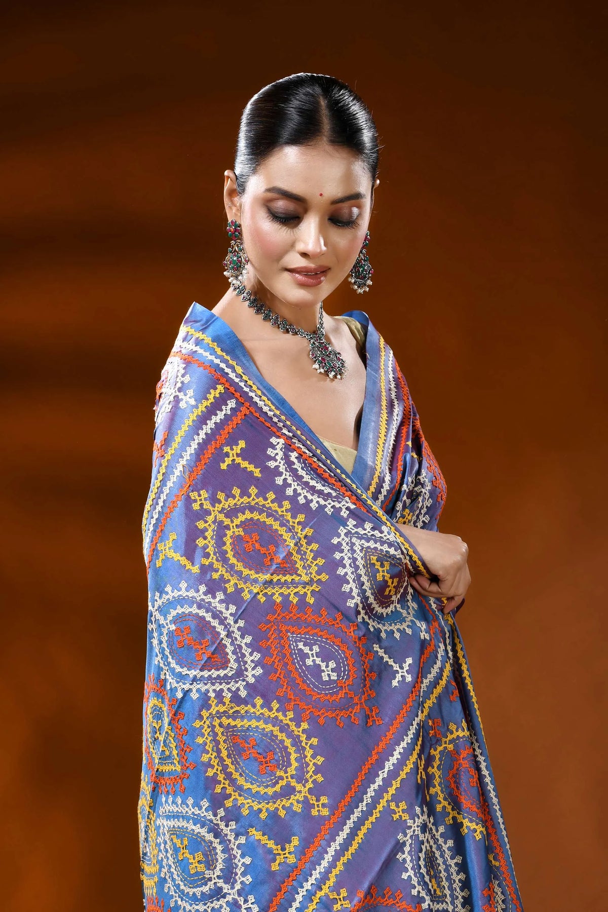 Handcrafted steel blue kutch embroidery silk saree with paisley motif 2