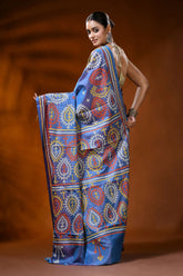 Handcrafted steel blue kutch embroidery silk saree with paisley motif 5