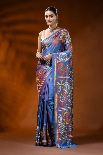 Handcrafted steel blue kutch embroidery silk saree with paisley motif 6