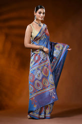Handcrafted steel blue kutch embroidery silk saree with paisley motif 4