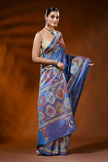 Handcrafted steel blue kutch embroidery silk saree with paisley motif 4