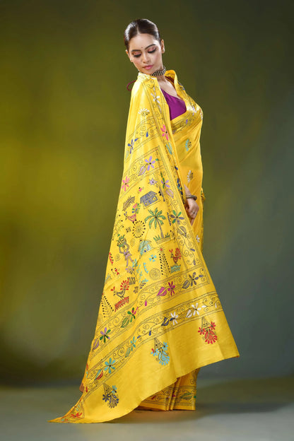Handcrafted sunflower yellow silk kantha work saree - village theme 4