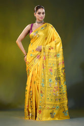 Handcrafted sunflower yellow silk kantha work saree - village theme 1