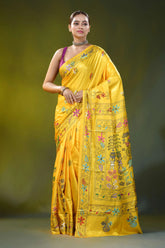 Handcrafted sunflower yellow silk kantha work saree - village theme 6
