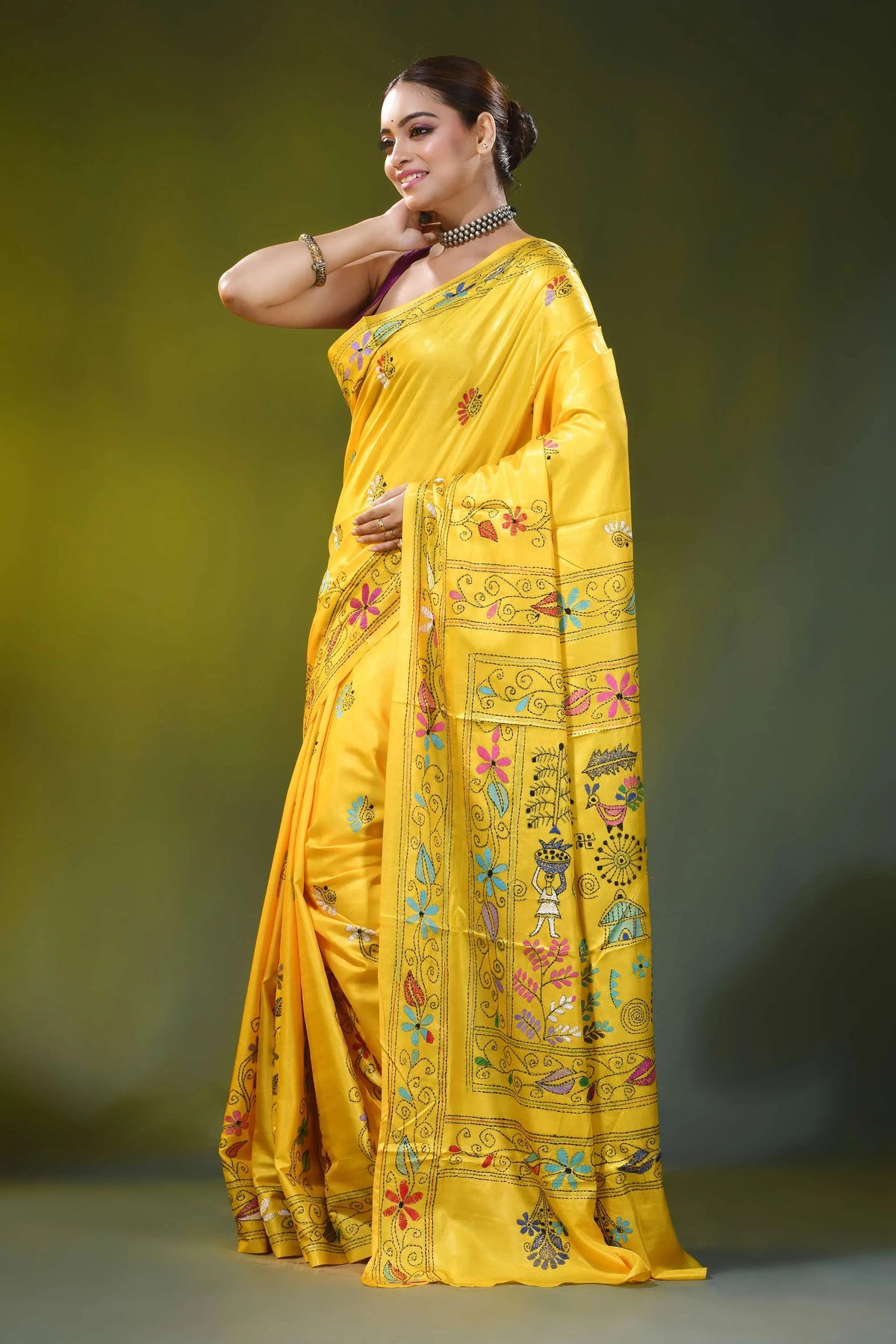 Handcrafted sunflower yellow silk kantha work saree - village theme 3