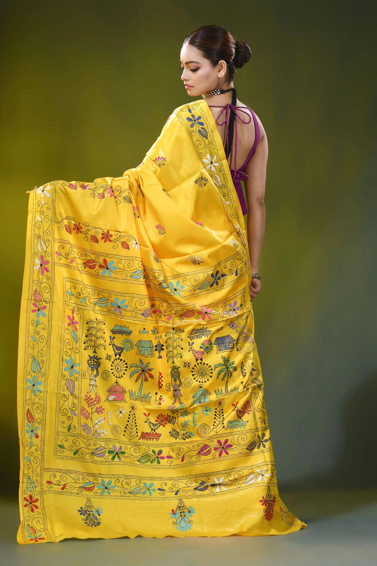 Handcrafted sunflower yellow silk kantha work saree - village theme 5
