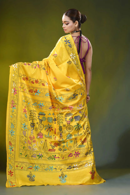 Handcrafted sunflower yellow silk kantha work saree - village theme 5