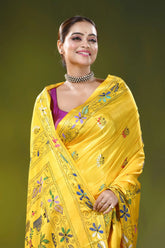 Handcrafted sunflower yellow silk kantha work saree - village theme 2