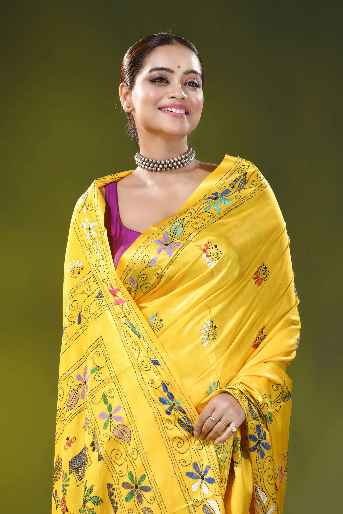 Handcrafted sunflower yellow silk kantha work saree - village theme 2