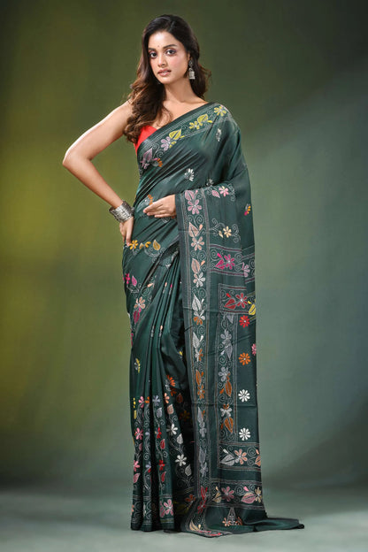 Handcrafted timber green silk kantha saree with floral mandala design dark adorned 6