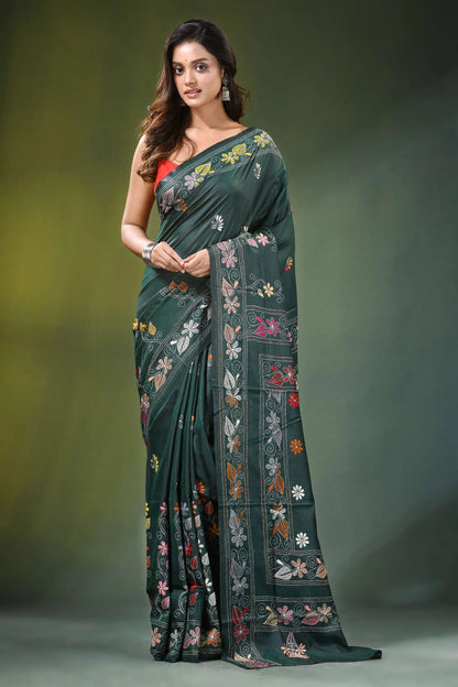 Handcrafted timber green silk kantha saree with floral mandala design dark adorned 1