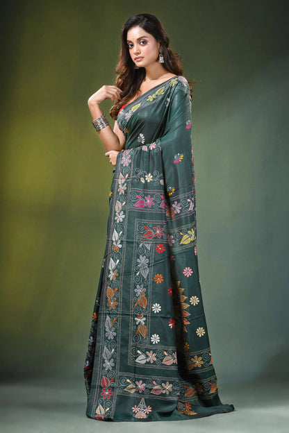 Handcrafted timber green silk kantha saree with floral mandala design dark adorned 3