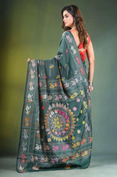 Handcrafted timber green silk kantha saree with floral mandala design dark adorned 5