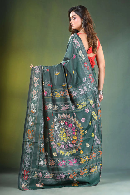 Handcrafted timber green silk kantha saree with floral mandala design dark adorned 5