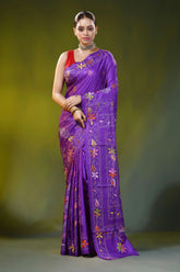 Handcrafted violet kantha stitch saree - hibiscus floral design 1