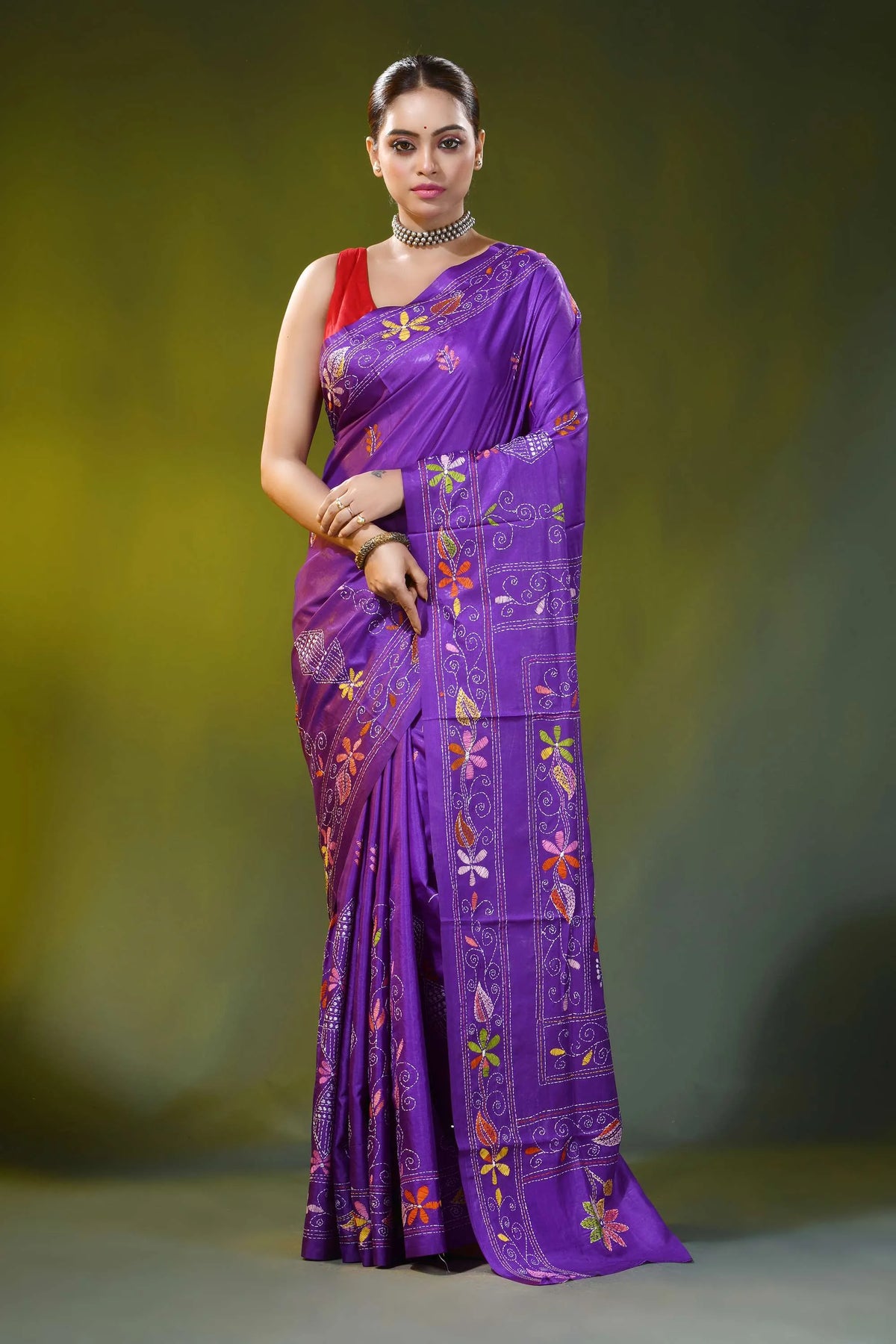 Handcrafted violet kantha stitch saree - hibiscus floral design 1
