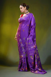 Handcrafted violet kantha stitch saree - hibiscus floral design 4