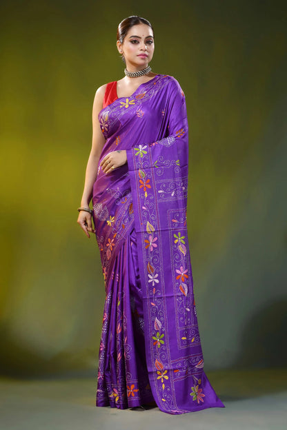 Handcrafted violet kantha stitch saree - hibiscus floral design 6