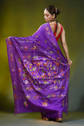Handcrafted violet kantha stitch saree - hibiscus floral design 5
