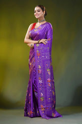 Handcrafted violet kantha stitch saree - hibiscus floral design 3