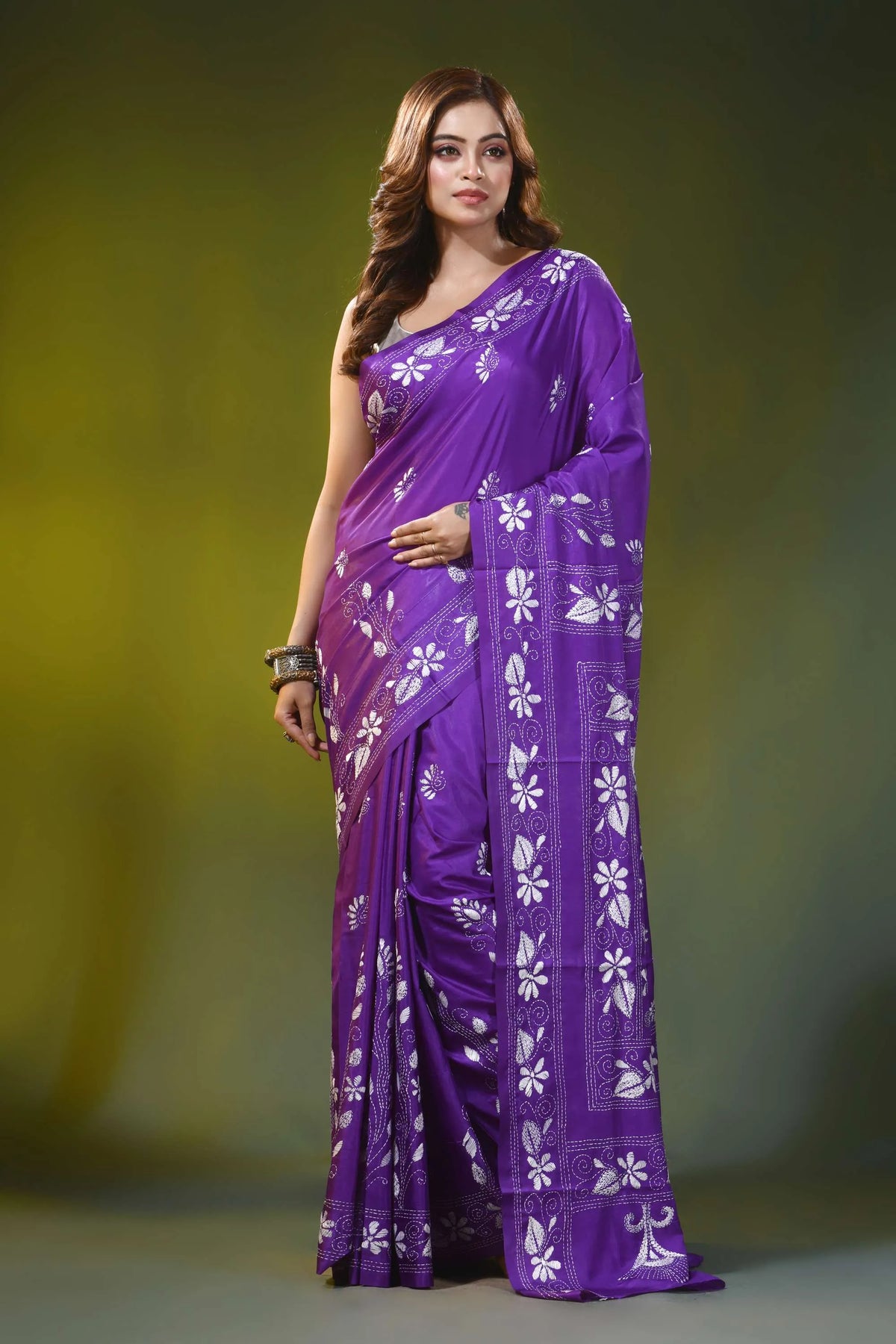 Handcrafted violet silk kantha work saree with floral peacock motif 6