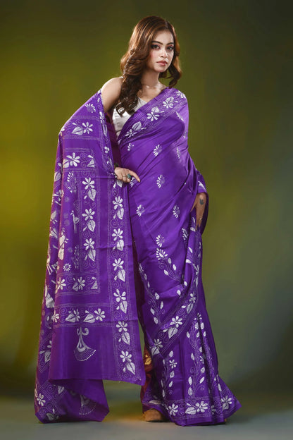 Handcrafted violet silk kantha work saree with floral peacock motif 4