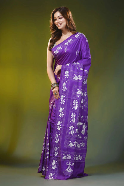 Handcrafted violet silk kantha work saree with floral peacock motif 3