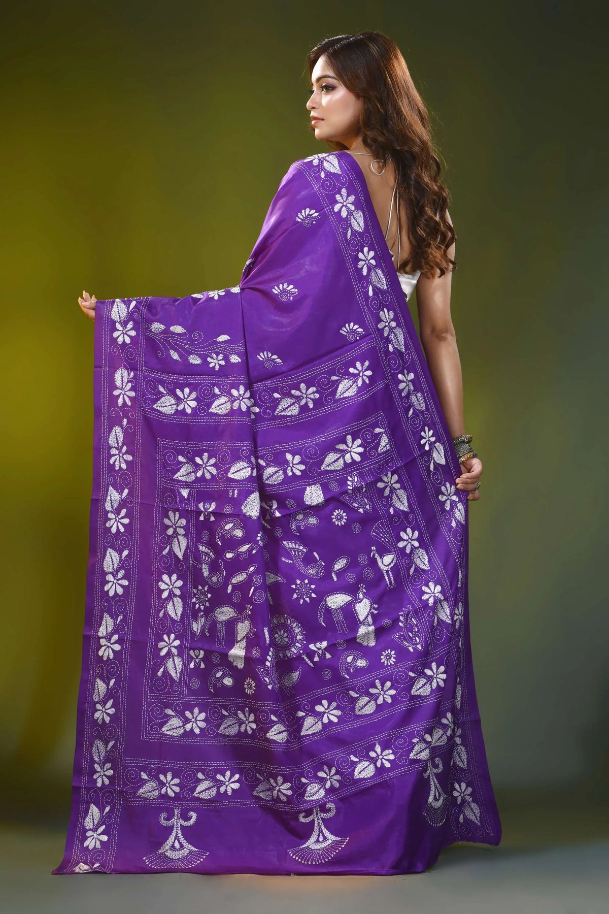 Handcrafted violet silk kantha work saree with floral peacock motif 5