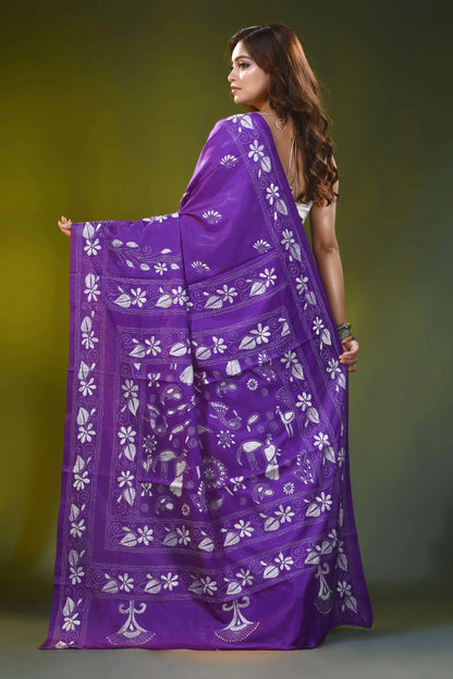 Handcrafted violet silk kantha work saree with floral peacock motif 5