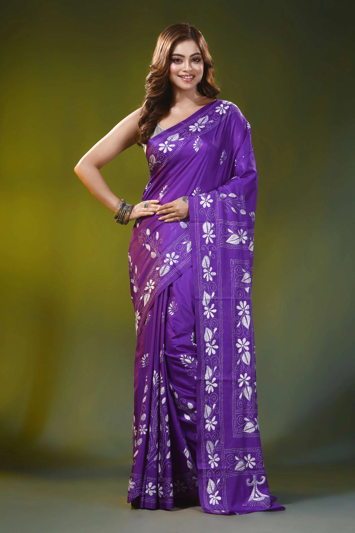 Handcrafted violet silk kantha work saree with floral peacock motif 1