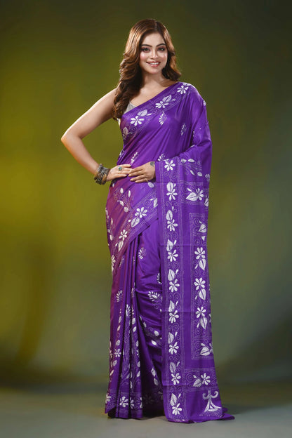 Handcrafted violet silk kantha work saree with floral peacock motif 1