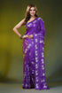 Handcrafted violet silk kantha work saree with floral peacock motif 1