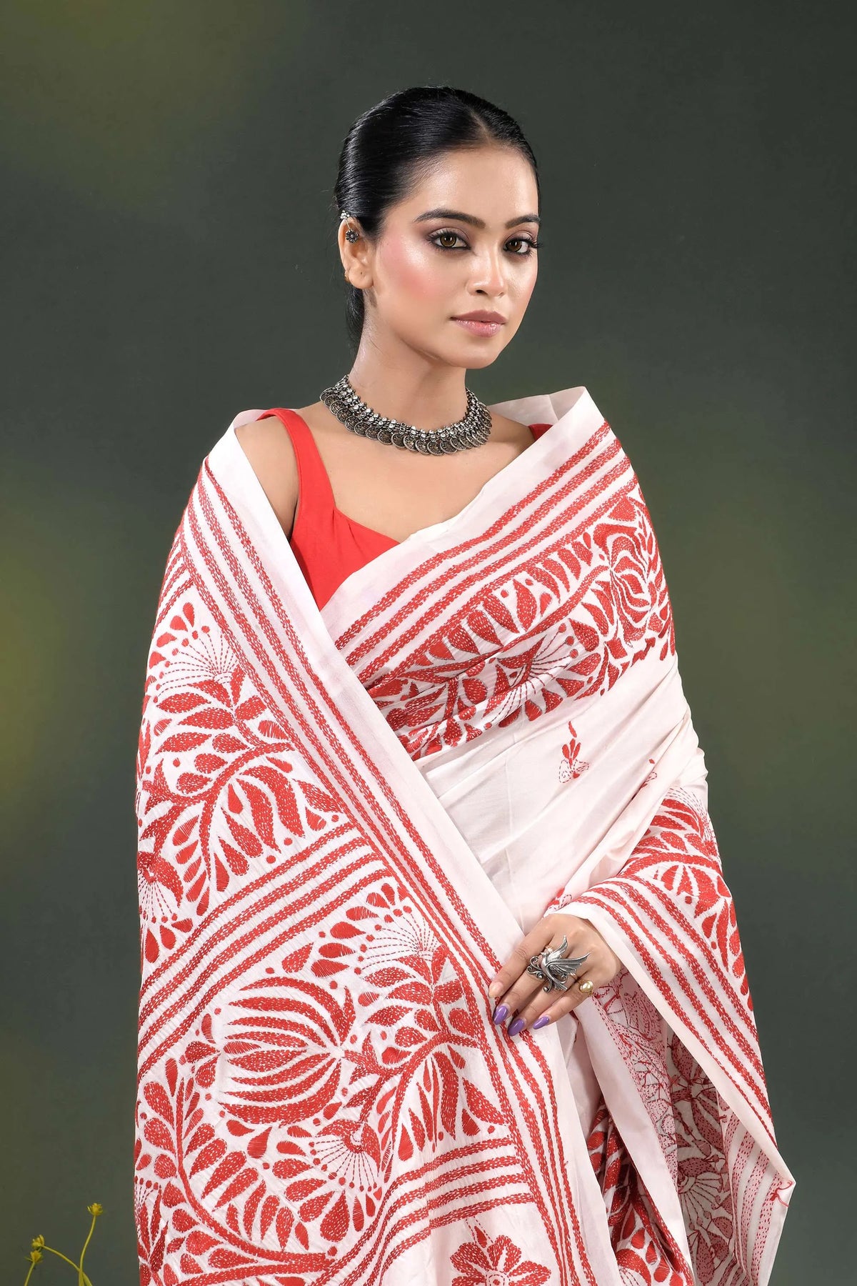 Handcrafted white kantha stitch silk saree with red floral design 2