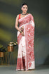 Handcrafted white kantha stitch silk saree with red floral design 1