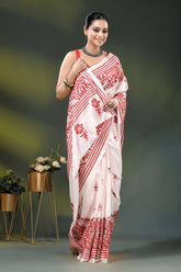 Handcrafted white kantha stitch silk saree with red floral design 5