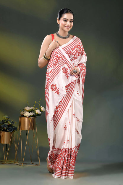 Handcrafted white kantha stitch silk saree with red floral design 5