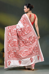 Handcrafted white kantha stitch silk saree with red floral design 6