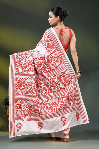 Handcrafted white kantha stitch silk saree with red floral design 6