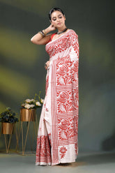 Handcrafted white kantha stitch silk saree with red floral design 4